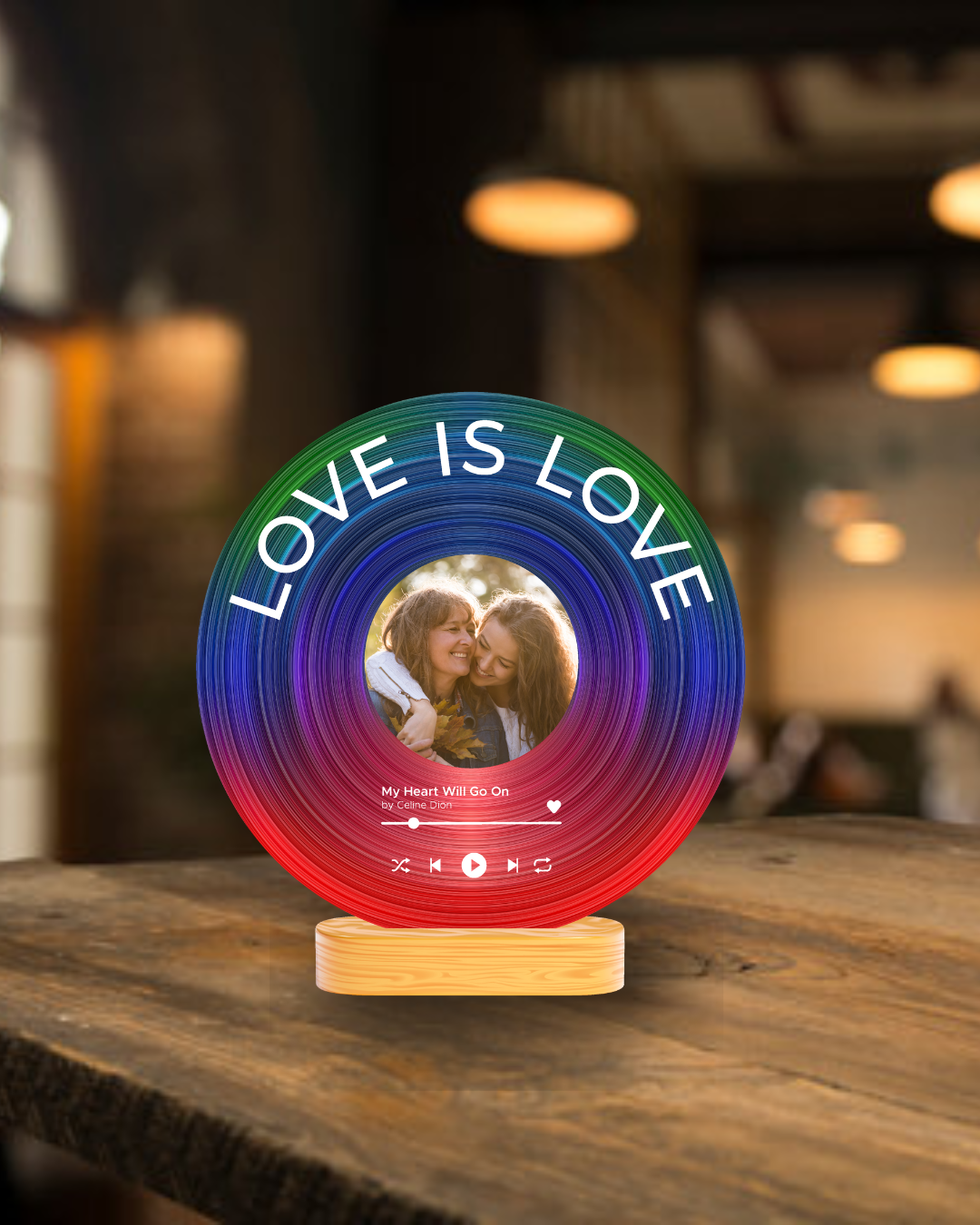 Personalised Vinyl Record Acrylic Plaque 'Love is Love' with Lightbase